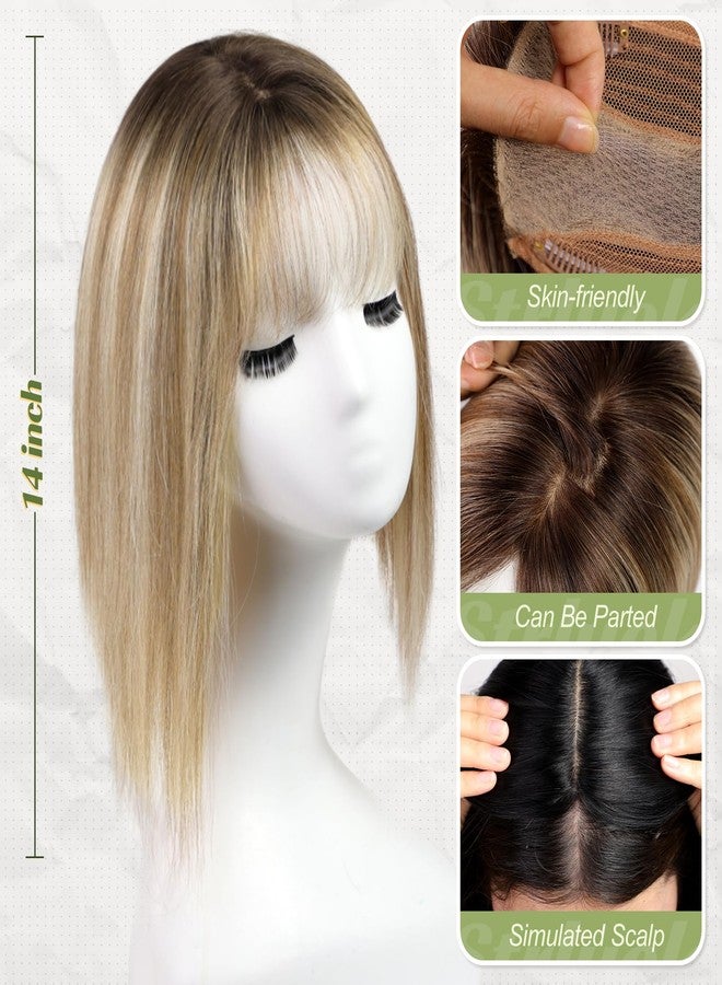 Starluck Real Human Hair Toppers for Women, 14 inch with Bangs, 5"x5.5" Base, Brown with Blonde Highlight, Covers Thinning Hair & Grey - Image 2